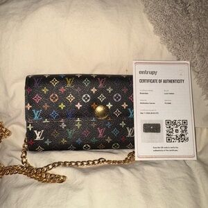 Louis Vuitton Murakami Sarah Multicolor Wallet Black LV Clutch Chain TH0046 COA